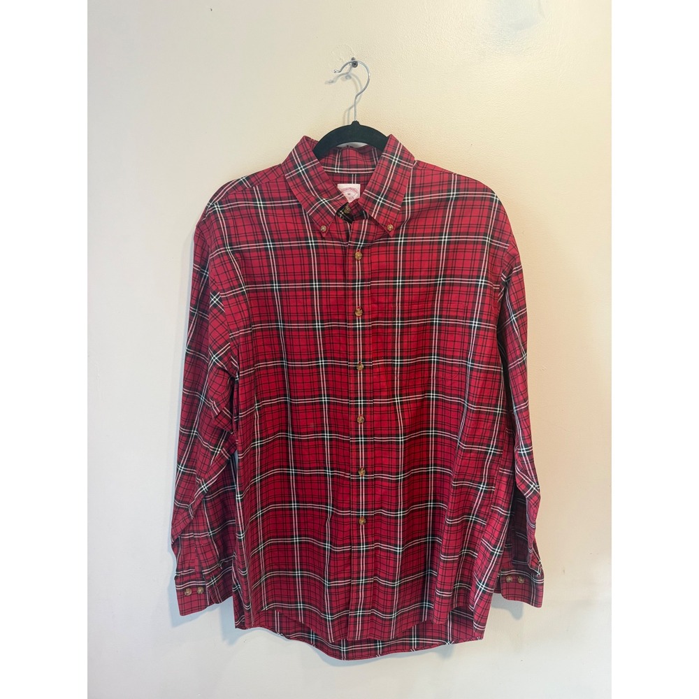 Brooks Brothers Mens Red Plaid Non-Iron Supima Cotton Button Down Shirt Size M